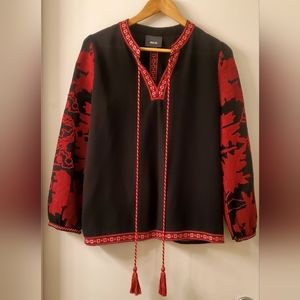 Maeve Anthropologie Blouse Embroidered V Neck Peasant Black/Red SZ Small